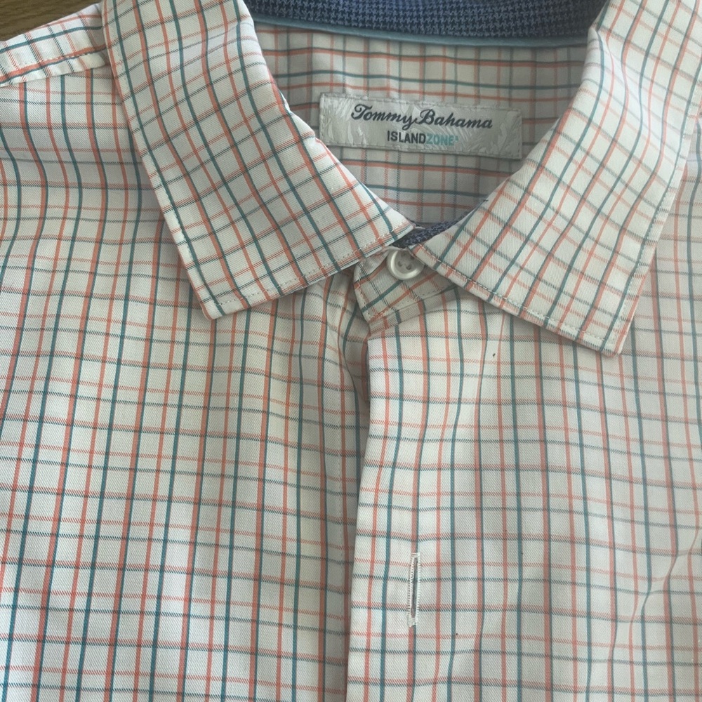 Tommy Bahama Men's Plaid Shirt - Orange, blue and tan plaid.